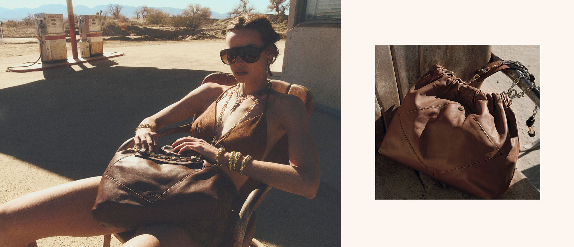 A woman and the brown iconic june tote bag